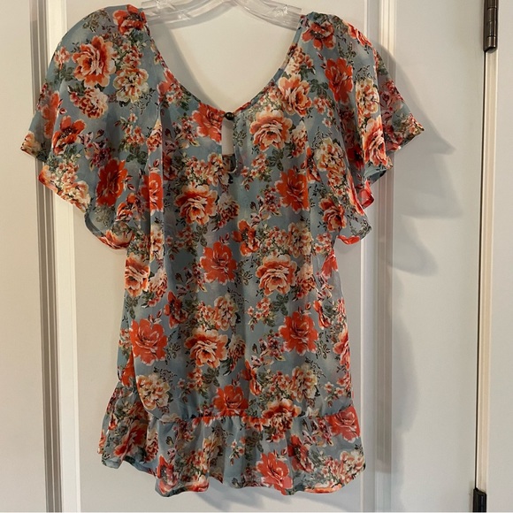 Junior Misses Forever XXI Aqua Coral Floral Sheer Top Size M - Picture 7 of 10